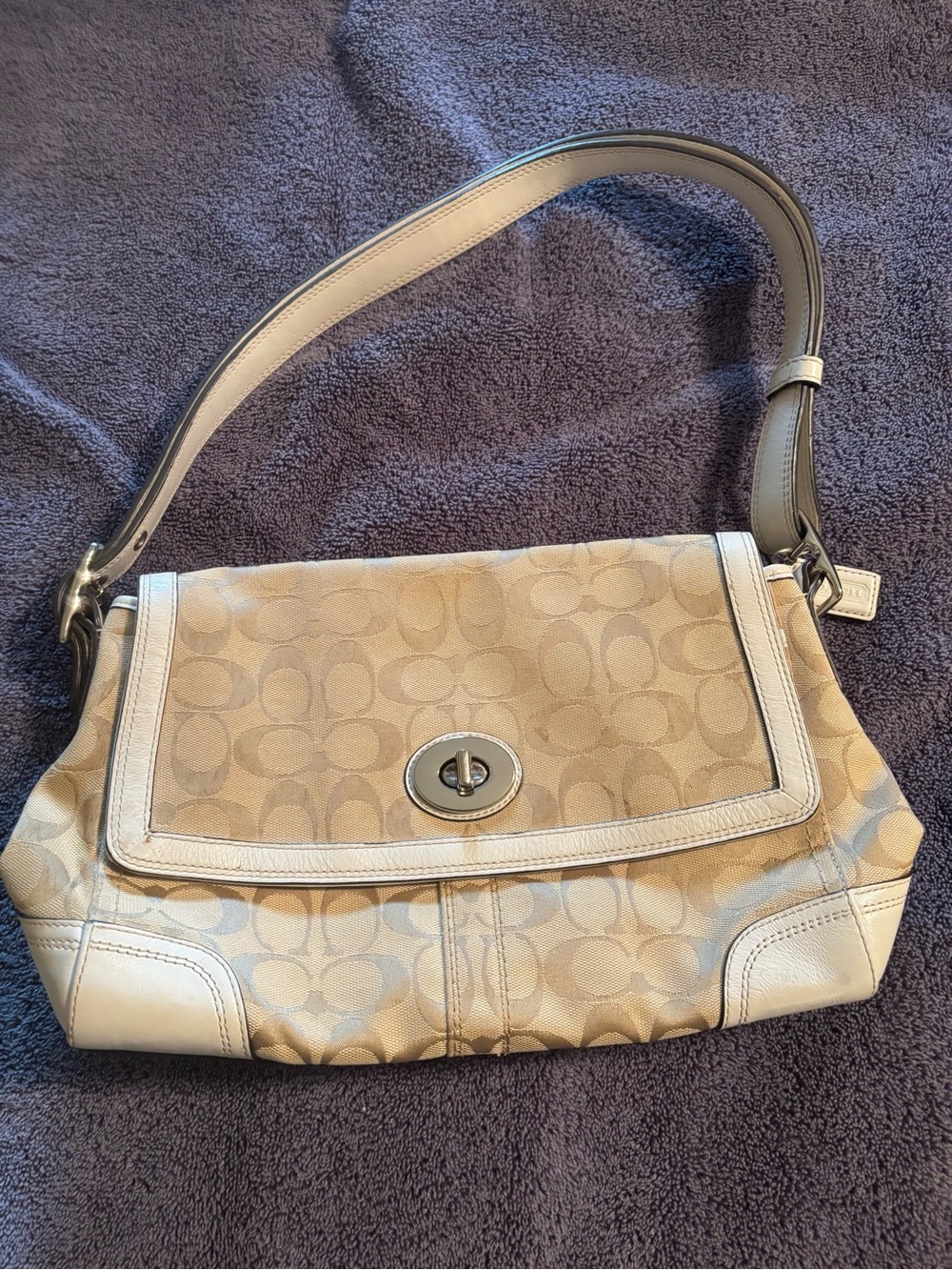 Coach Tan Signature Canvas Shoulder Bag with Turn-Lock Pocket